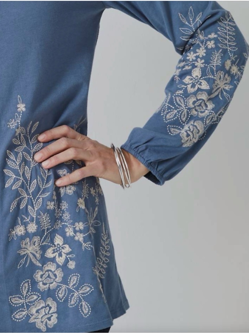 J. Jill Blue Button-Front Top with Cream Floral Embroidery - Picture 6 of 9